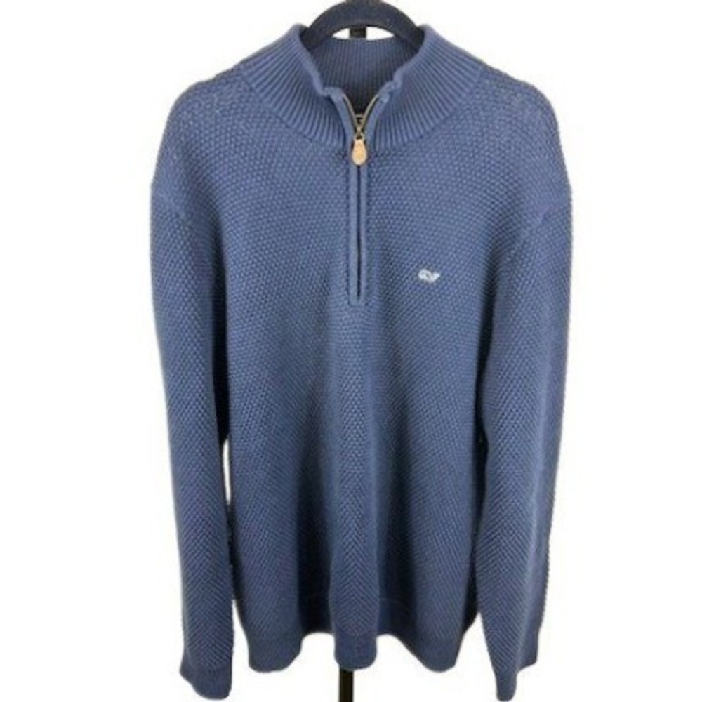 Vineyard Vines Men's Size Large Blue Cotton Textured Logo Quarter Zip Sweater